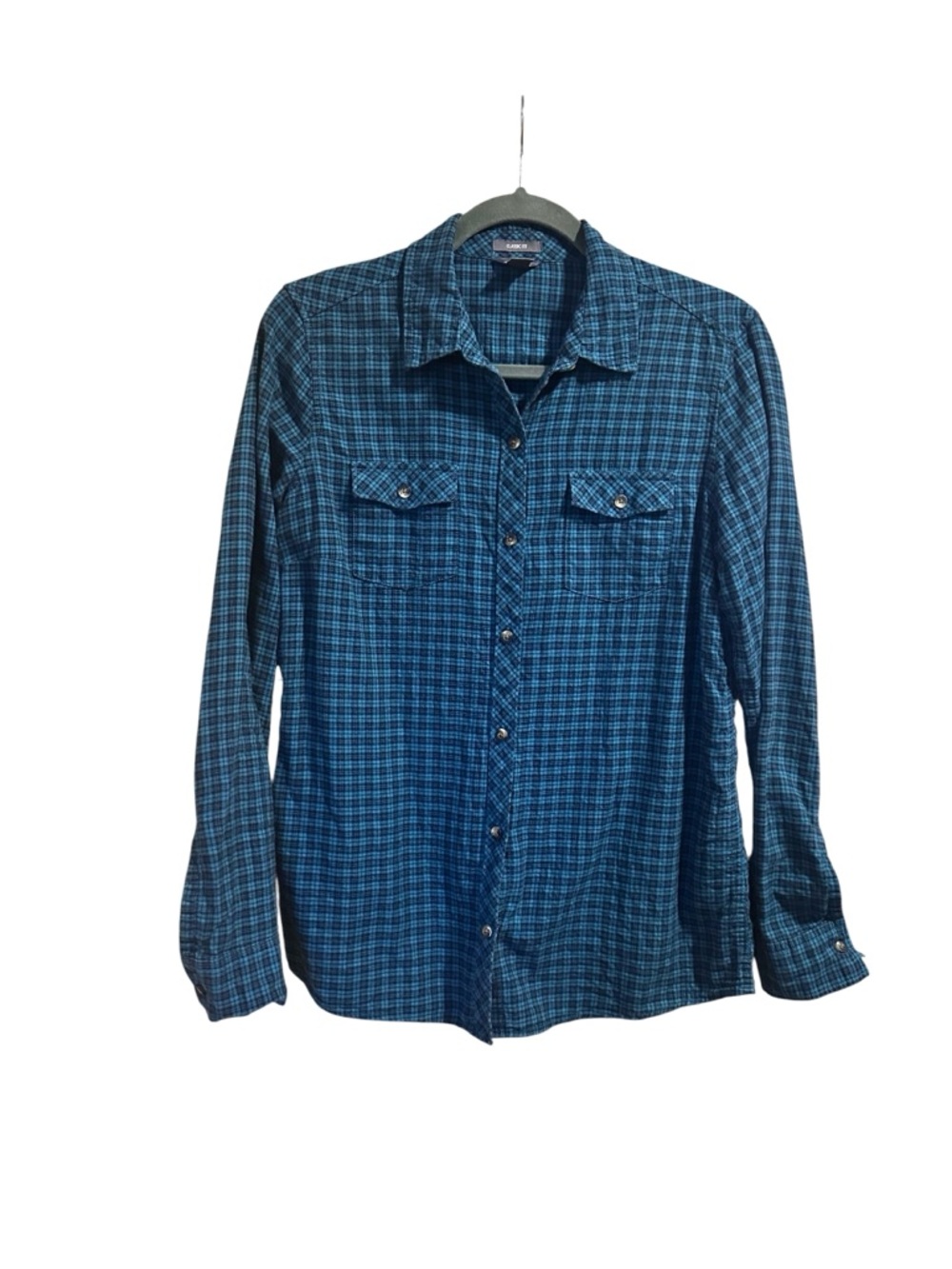 Flannel Teal and Black Plaid Women’s Shirt - Picture 1 of 5